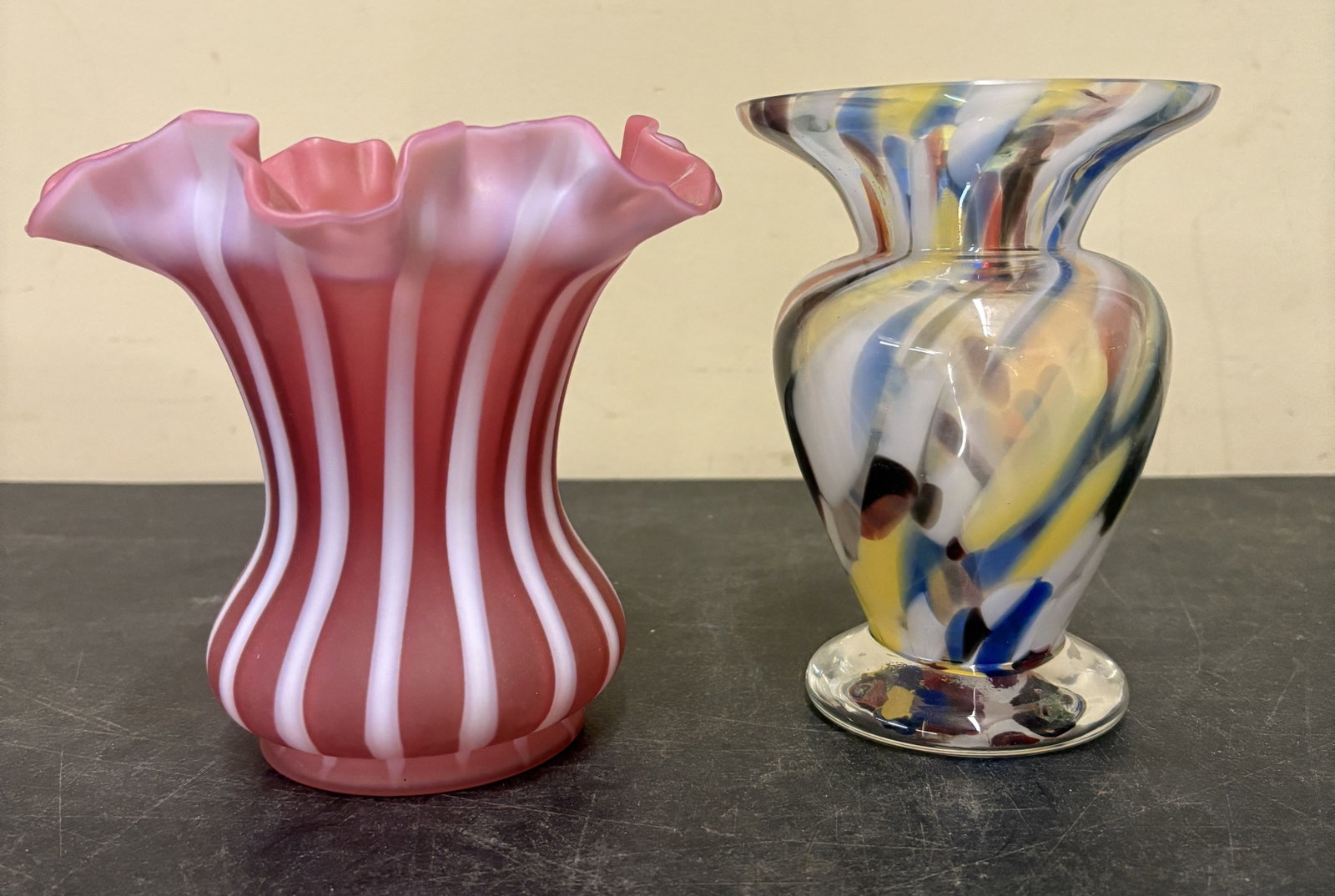 Vintage Fenton Cranberry Swirl Spiral Optic Vase with Ruffled Rim, Fenton Opalescent Vase Featuring: Vintage Fenton Cranberry Swirl Spiral Optic Vase with Ruffled Rim, Fenton Opalescent Vase Featuring a Multi-Colored Spatter or Confetti Pattern - 6"x6"