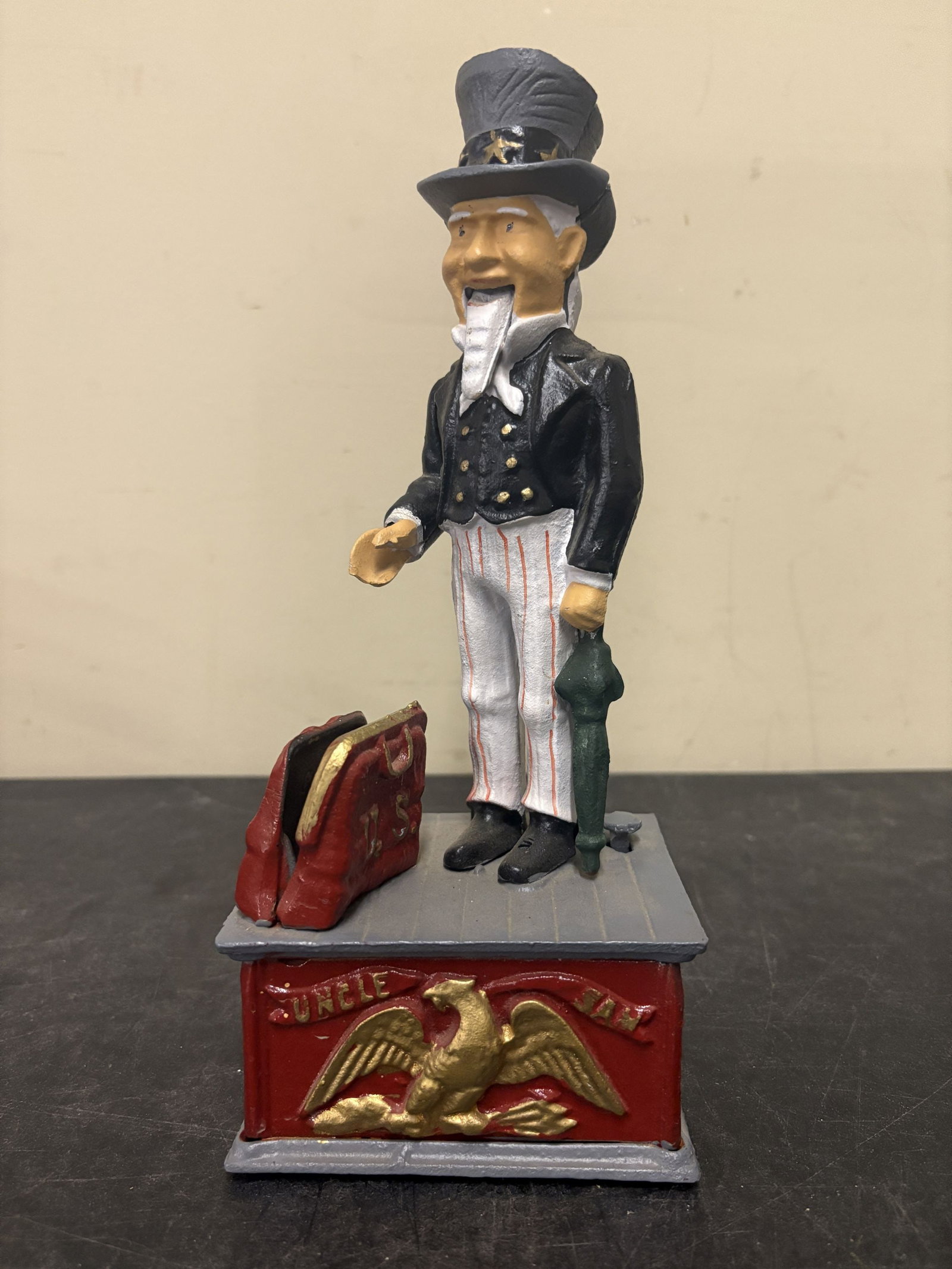Reproduction Uncle Sam Cast Iron Mechanical Coin Bank - 5"x11": Reproduction Uncle Sam Cast Iron Mechanical Coin Bank - 5"x11"