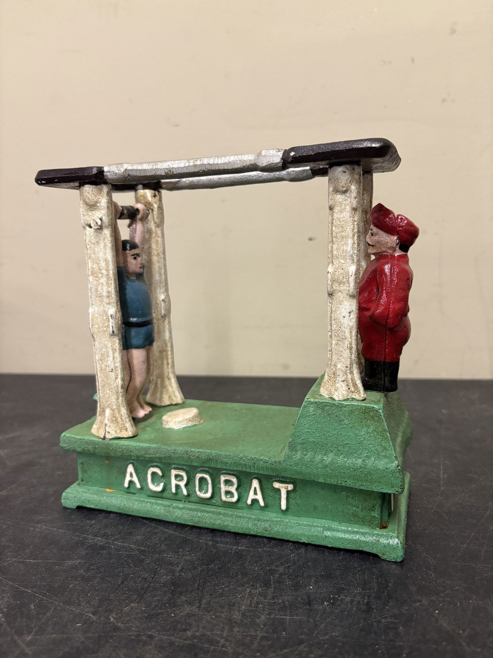 Cast Iron Mechanical Bank, Known as the "Acrobat Bank" - 7.5"x7.5": Cast Iron Mechanical Bank, Known as the "Acrobat Bank" - 7.5"x7.5"