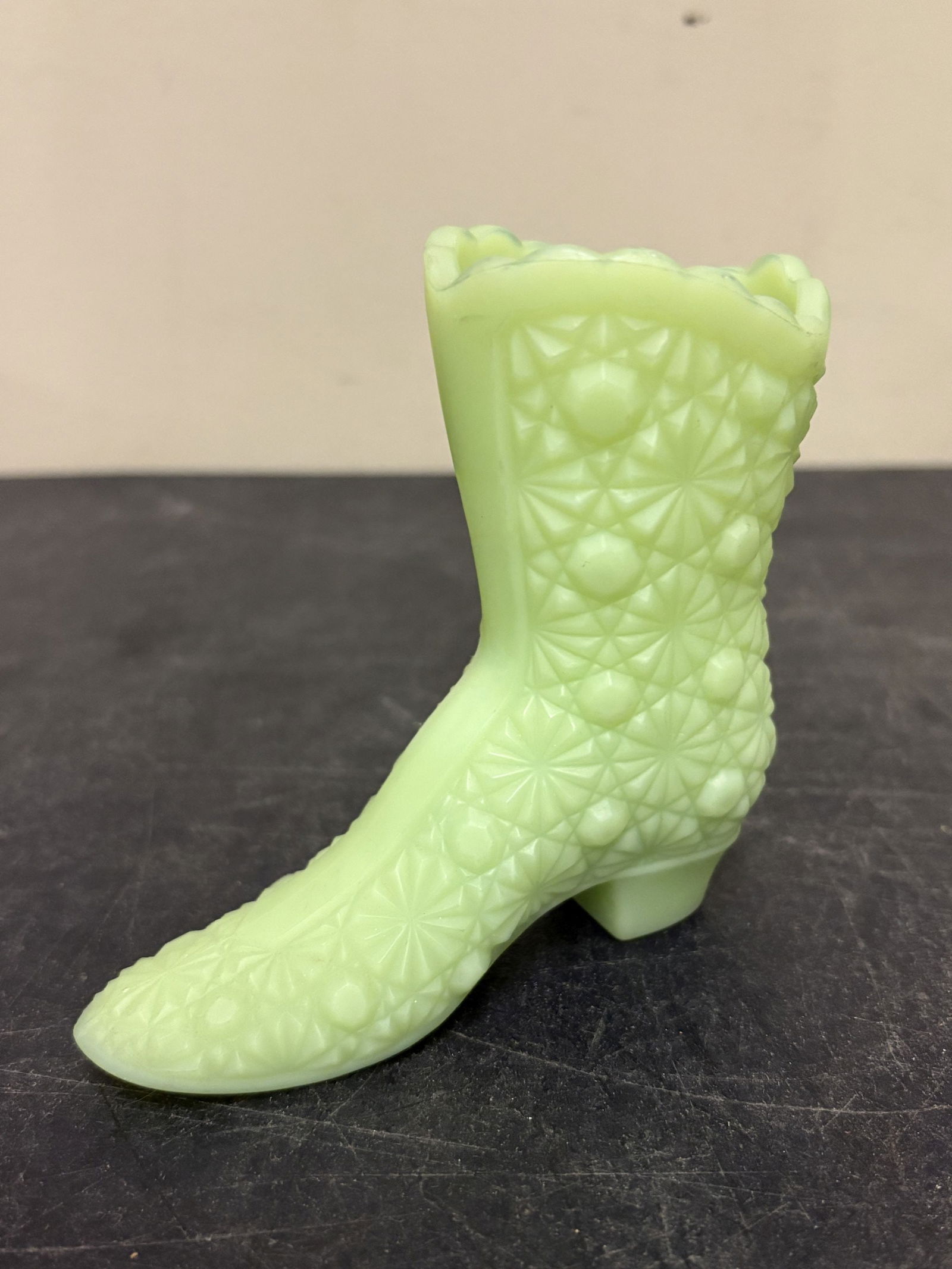 Vintage Fenton Daisy and Button Pattern Glass Boot in Uranium Glass - 4.5": Vintage Fenton Daisy and Button Pattern Glass Boot in Uranium Glass - 4.5"