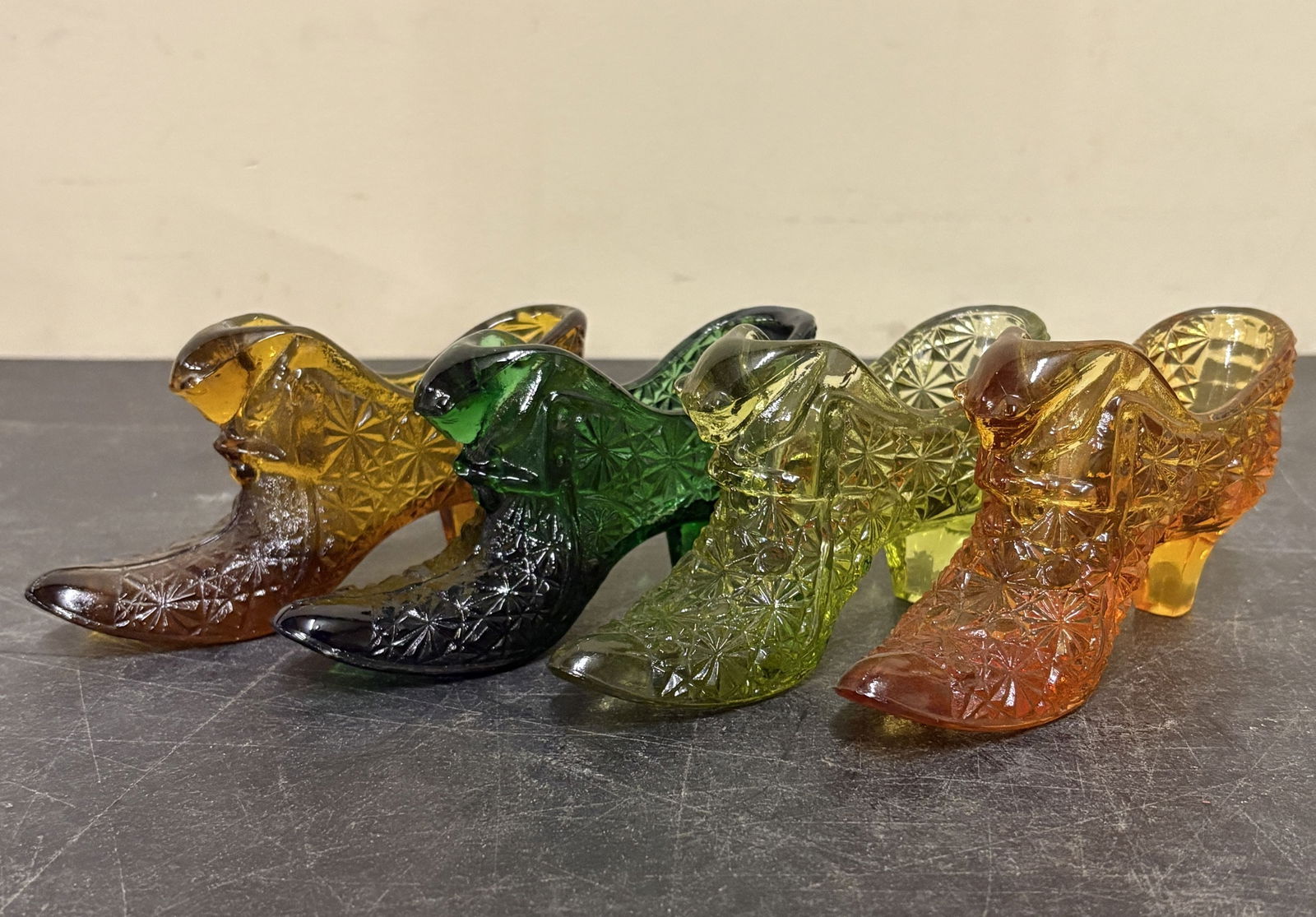 Collection of Vintage Fenton Glass Slippers/Shoes in Daisy and Button Pattern in Various Colors -: Collection of Vintage Fenton Glass Slippers/Shoes in Daisy and Button Pattern in Various Colors - 3.5x4"