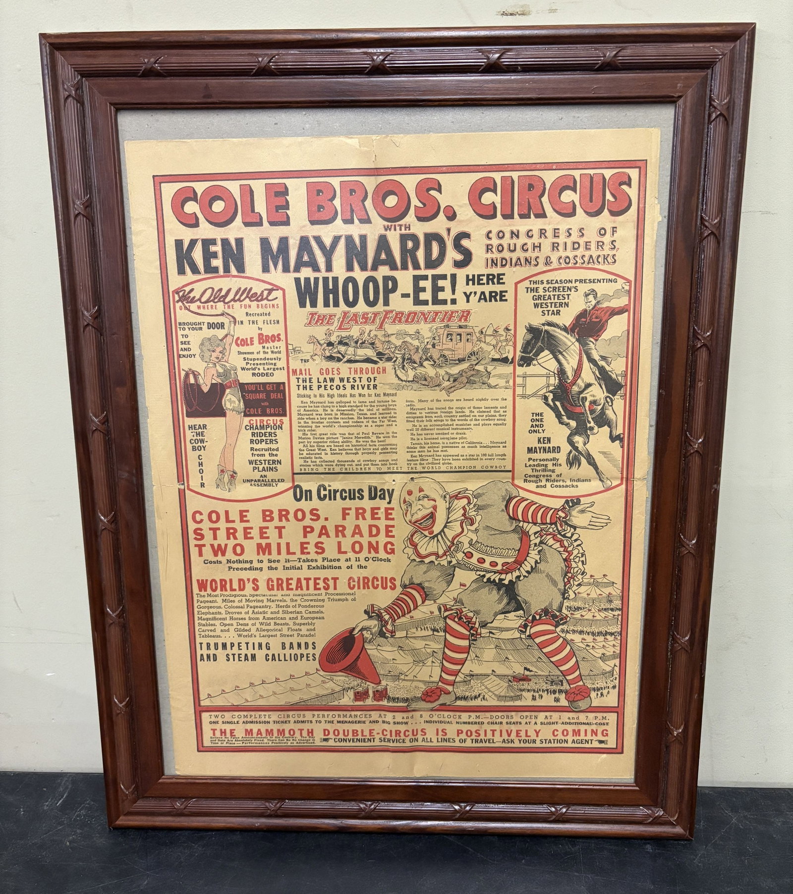 Framed Original Broadsheet Program or Courier Advertising the Cole Bros. Circus with Ken Maynard and: Framed Original Broadsheet Program or Courier Advertising the Cole Bros. Circus with Ken Maynard and Clyde Beatty, Circa 1930-1940's - 22"x28"