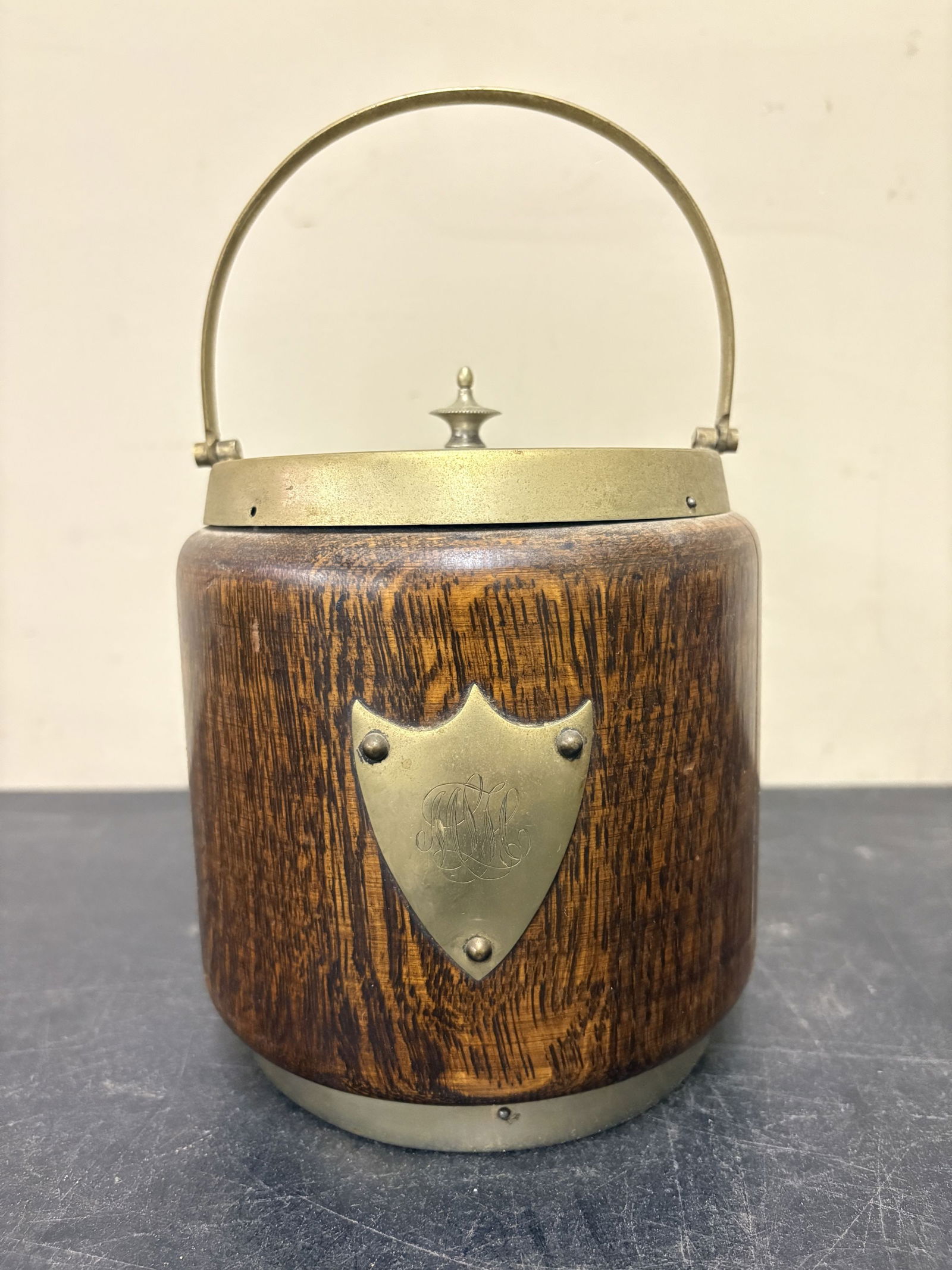 Antique English Oak Biscuit Barrel with a Brass Lid and Handle - 5"x 6.5": Antique English Oak Biscuit Barrel with a Brass Lid and Handle - 5"x 6.5"