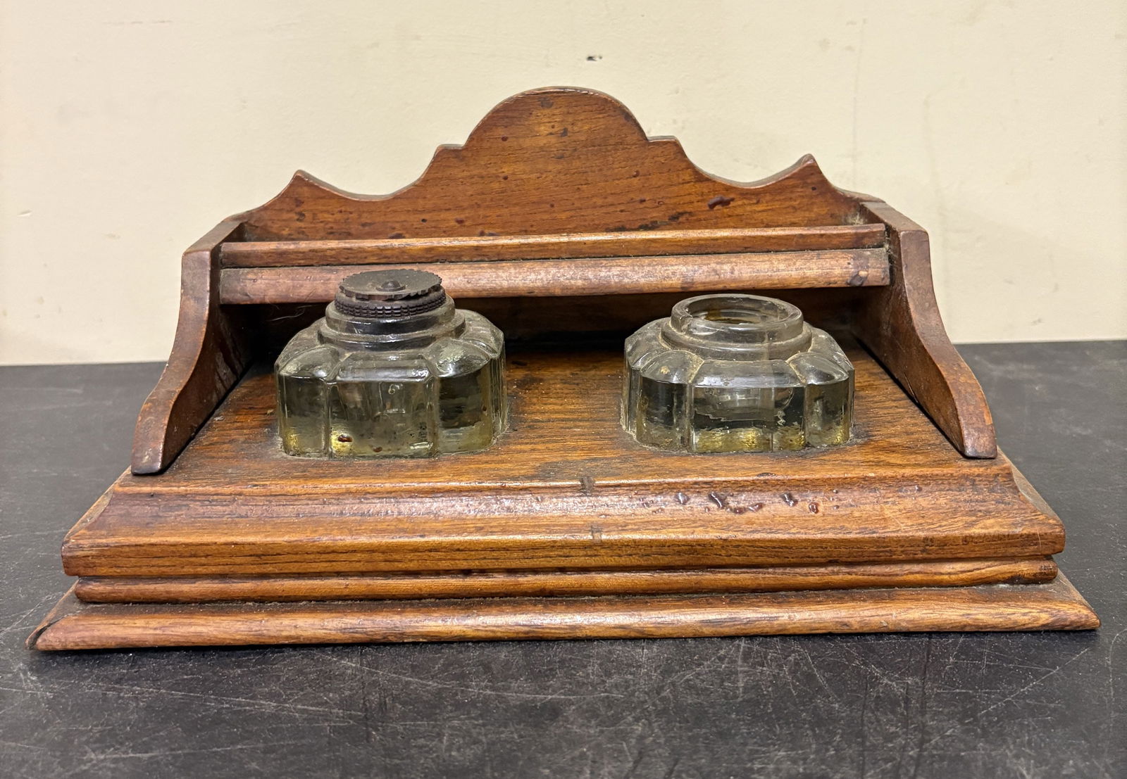 Antique Wooden Double Inkwell Stand featuring Two Glass Inkwells, One with Metal Lid - 11"x7"x6": Antique Wooden Double Inkwell Stand featuring Two Glass Inkwells, One with Metal Lid - 11"x7"x6"