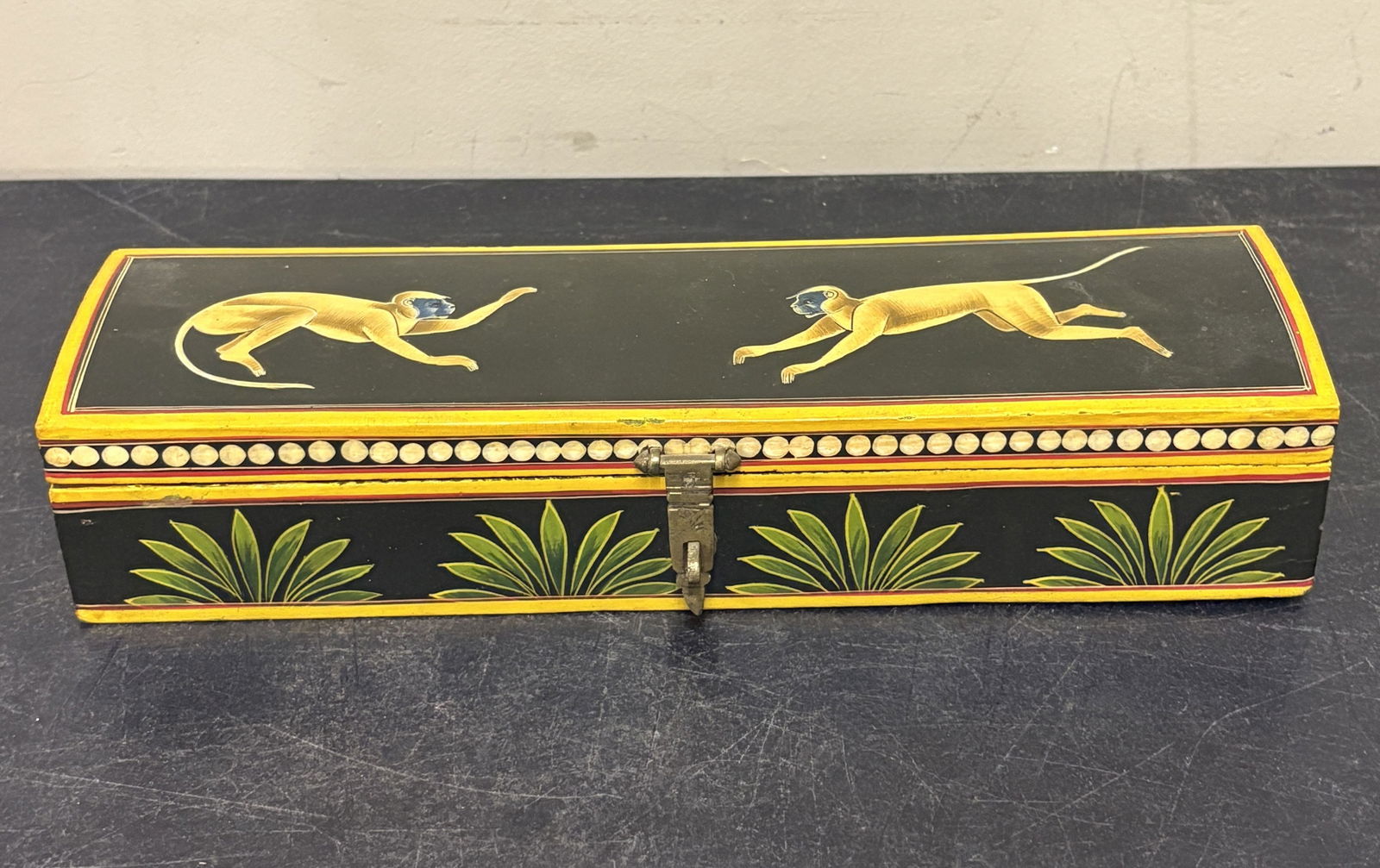 Vintage Hand-painted, Lacquered Wooden Pen Box made in India, featuring Artistic Monkey Designs -: Vintage Hand-painted, Lacquered Wooden Pen Box made in India, featuring Artistic Monkey Designs - 12"X4"
