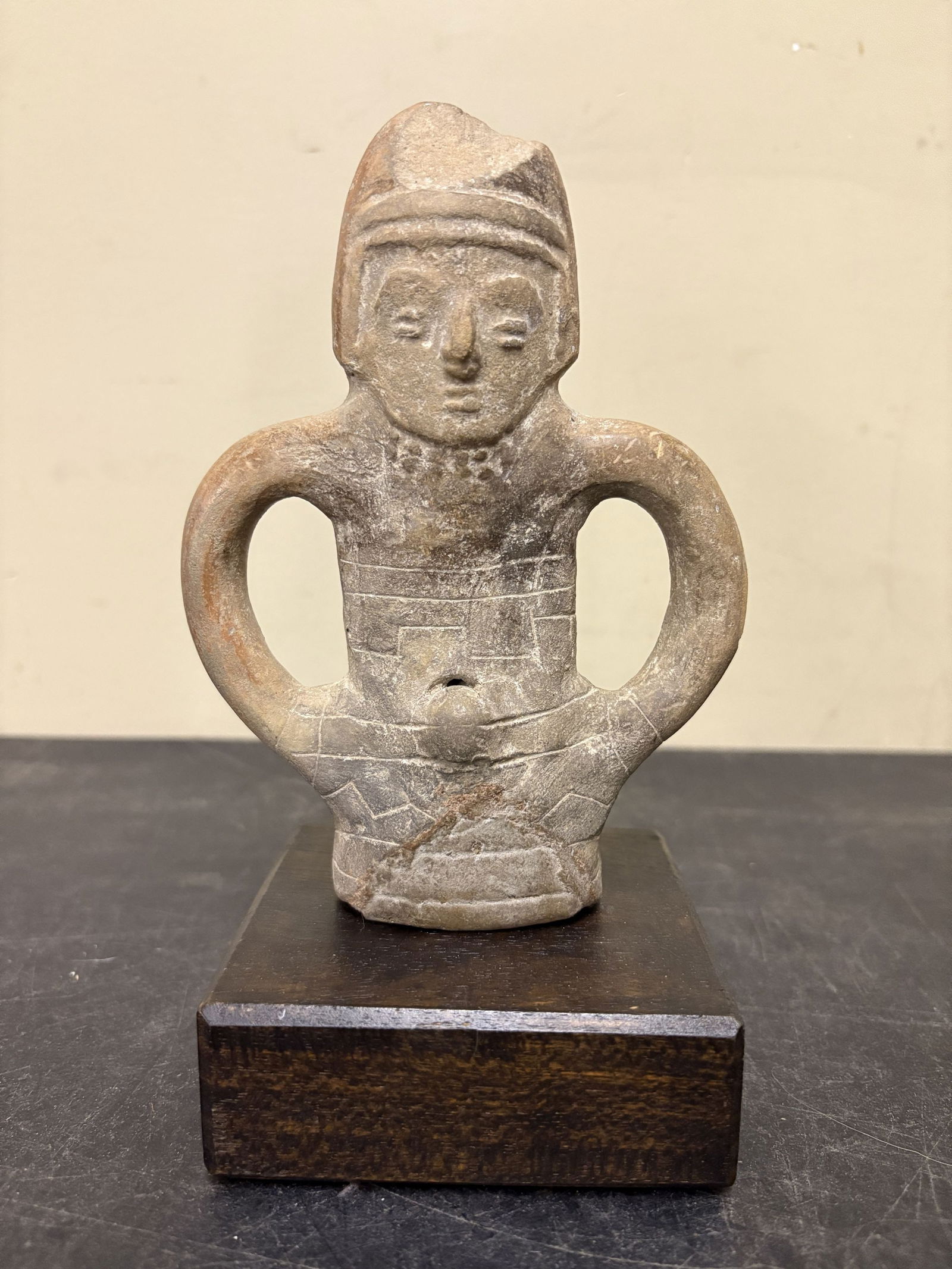 Pre-Columbian Ceramic Whistle Formed as a Standing Human Figure. Attributed to the Chorrera or: Pre-Columbian Ceramic Whistle Formed as a Standing Human Figure. Attributed to the Chorrera or BahÌa culture of Ecuador, dating to approximately 1000 AD. - Attribution and date are estimates only - 4