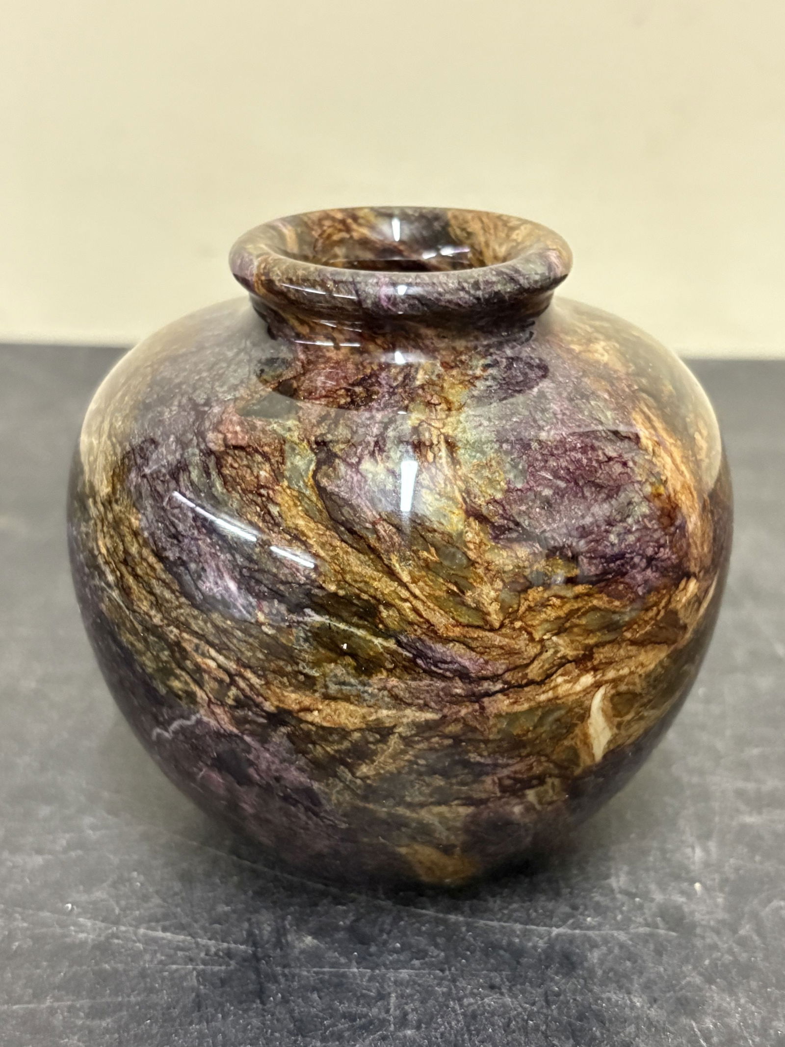 Polished Marble Stone Bud Vase with Purple, Black, and Brown Veining - 4": Polished Marble Stone Bud Vase with Purple, Black, and Brown Veining - 4"