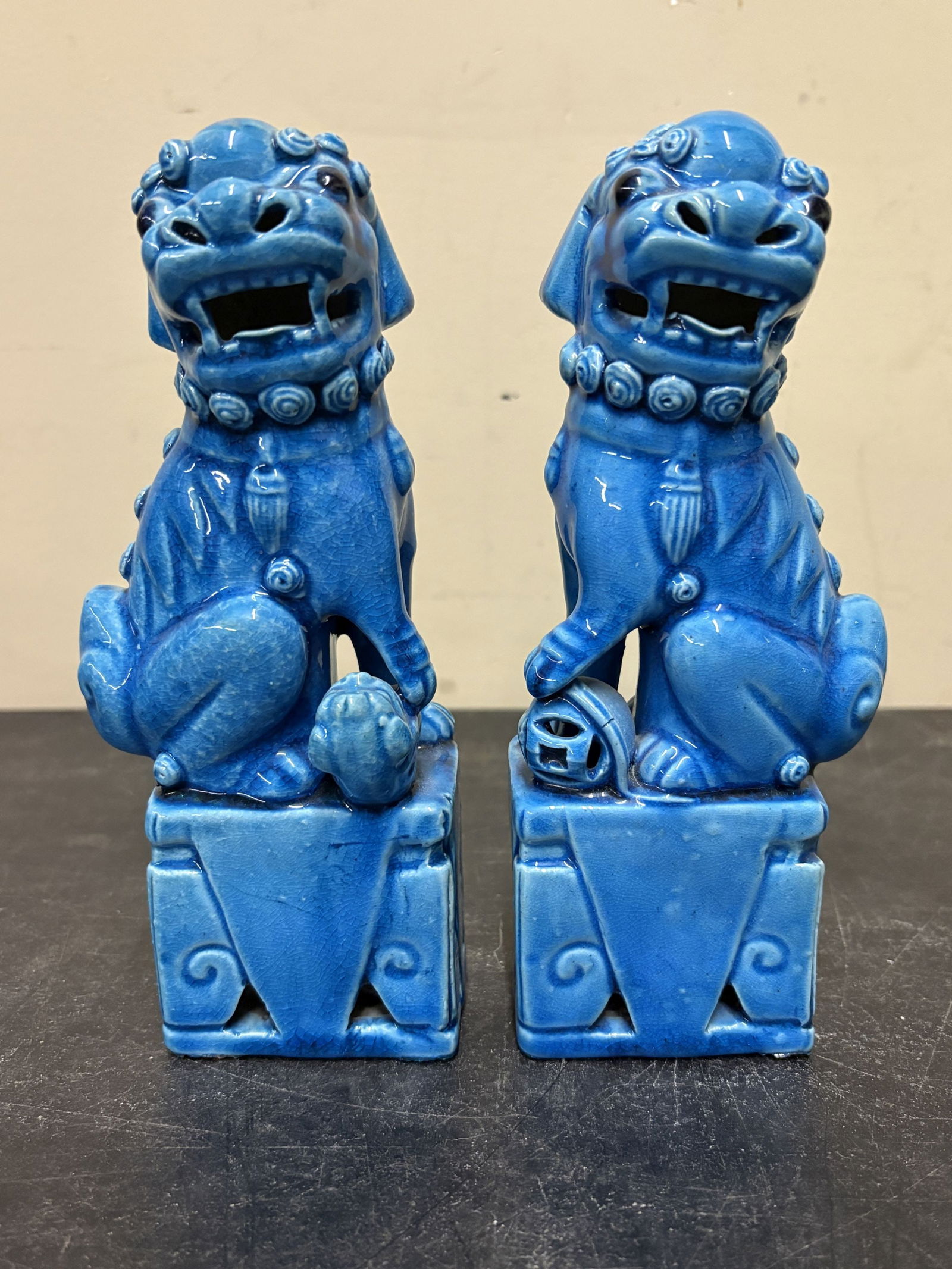 Vintage Chinese Blue-Glazed Ceramic Foo Dogs Bookends - 3.5"x8": Vintage Chinese Blue-Glazed Ceramic Foo Dogs Bookends - 3.5"x8"