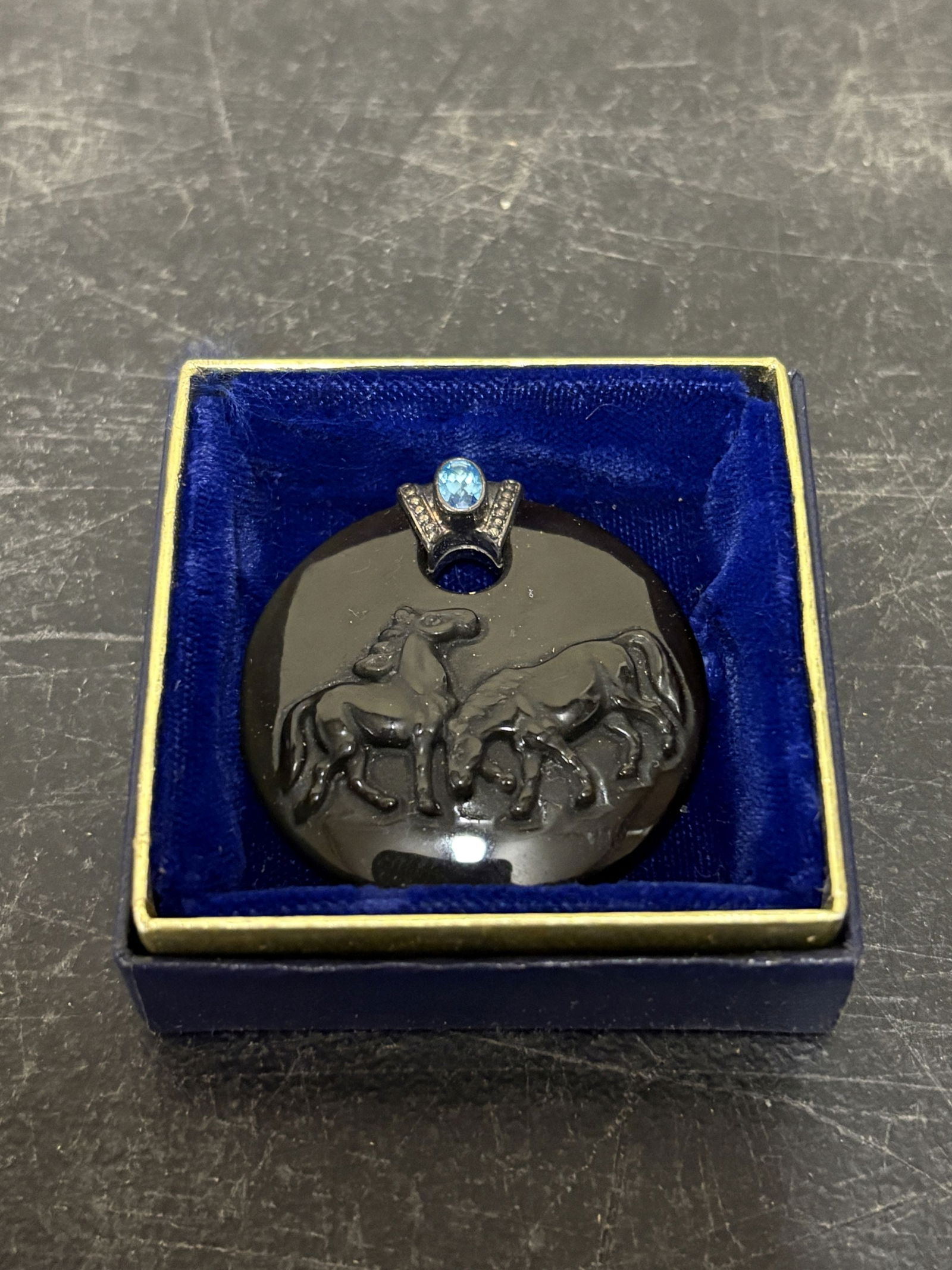 Sterling Silver Bail Set Carved Onyx Horses Pendant Necklace w/ Blue Topaz Stone - 1.75": Sterling Silver Bail Set Carved Onyx Horses Pendant Necklace w/ Blue Topaz Stone - 1.75"