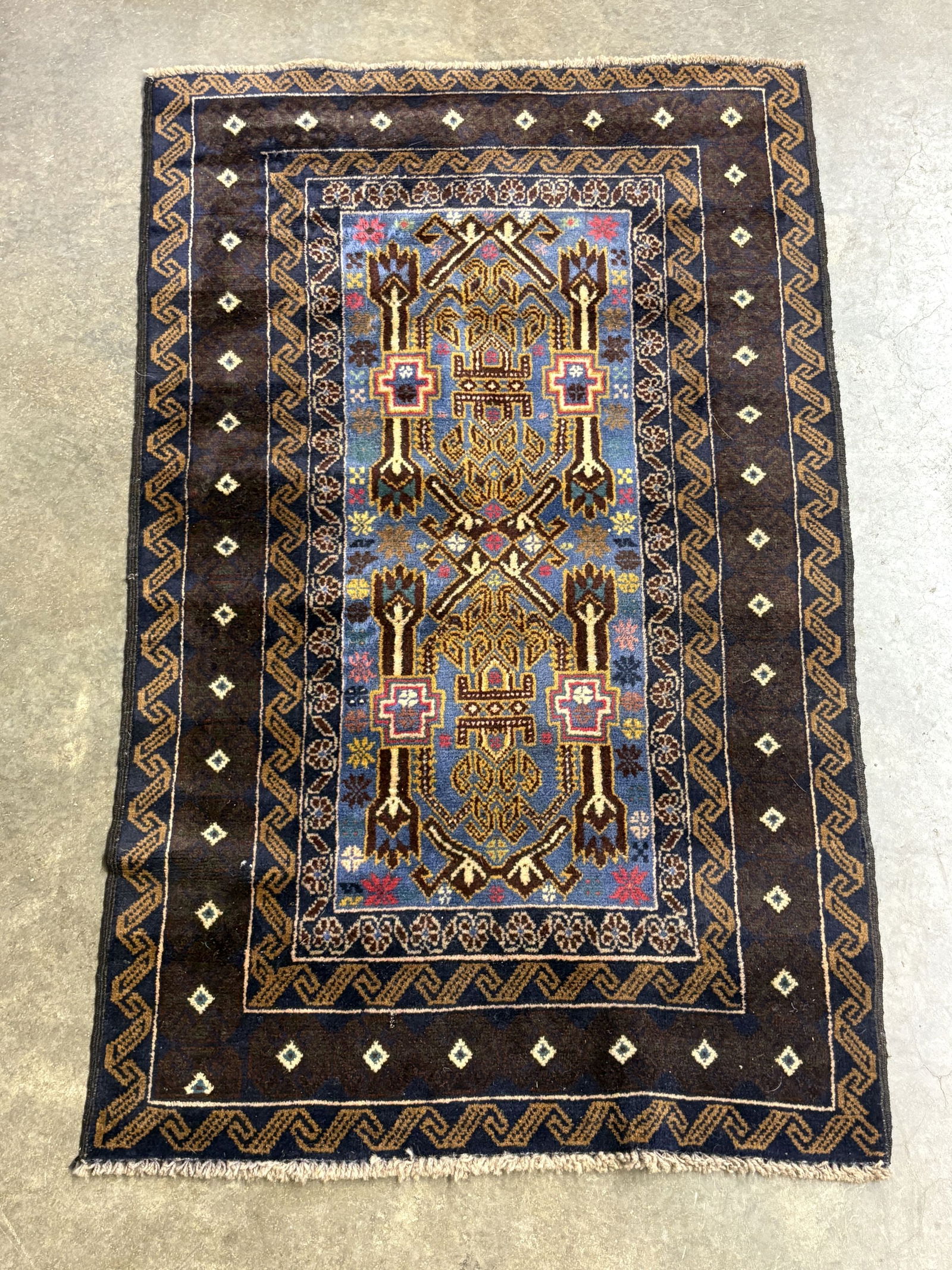 Vintage, Hand-knotted Afghan Baluchi Wool Rug with a Traditional Tribal Design - 33"x55": Vintage, Hand-knotted Afghan Baluchi Wool Rug with a Traditional Tribal Design - 33"x55"