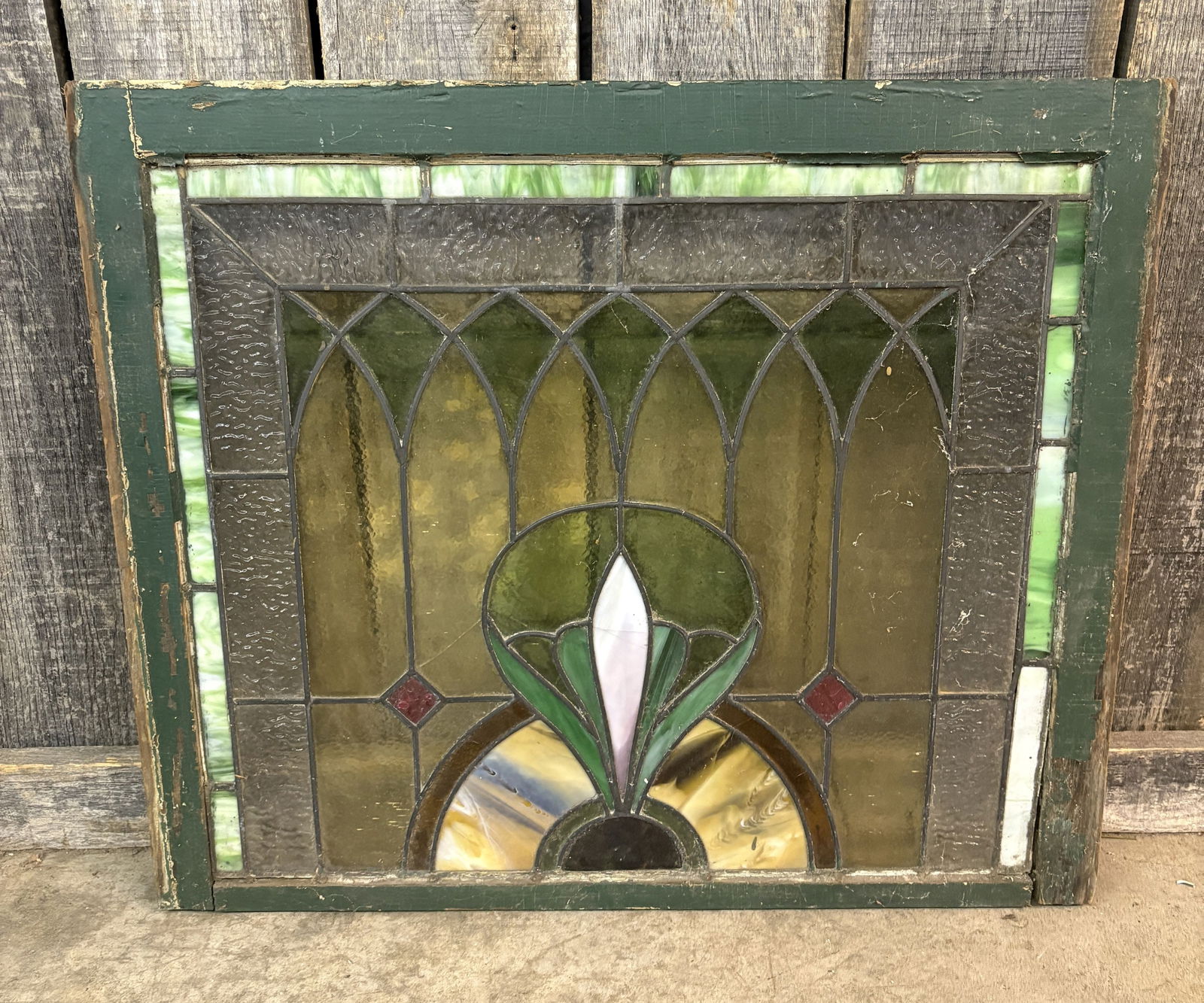 Antique Leaded Stained Glass Window Panel w/ Floral Design - 32"x27.5" (1 of 5)