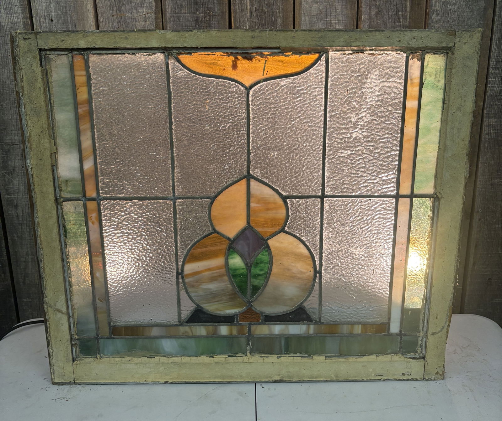 Antique Victorian or Art Nouveau Style Leaded Stained Glass Window, featuring an Ornate Floral (1 of 5)
