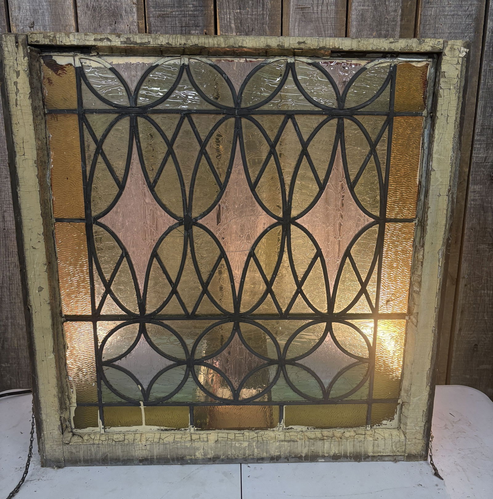 Antique Stained and Leaded Opalescent Glass Sash Window, featuring "cathedral windows" pattern, (1 of 4)