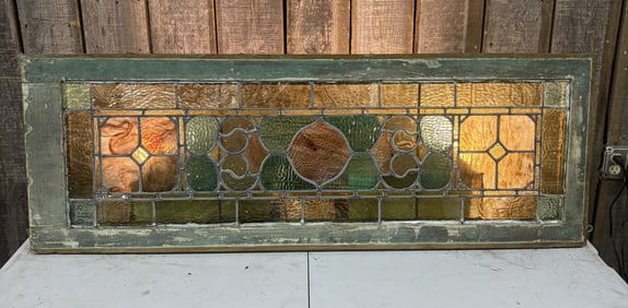 Antique Stained Glass Transom Window with a Distressed Wood Frame - 45"x16"