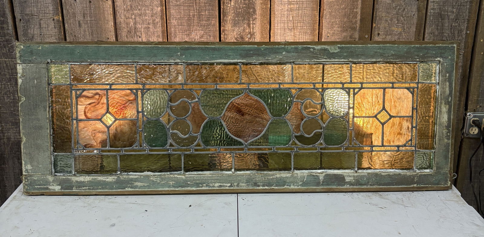Antique Stained Glass Transom Window with a Distressed Wood Frame - 45"x16" (1 of 6)