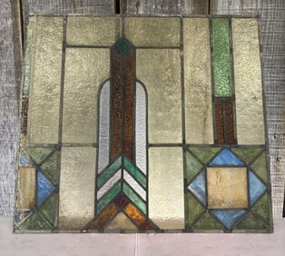 Antique American Arts & Crafts or Prairie School Style Leaded Stained Glass Window Panel, likely