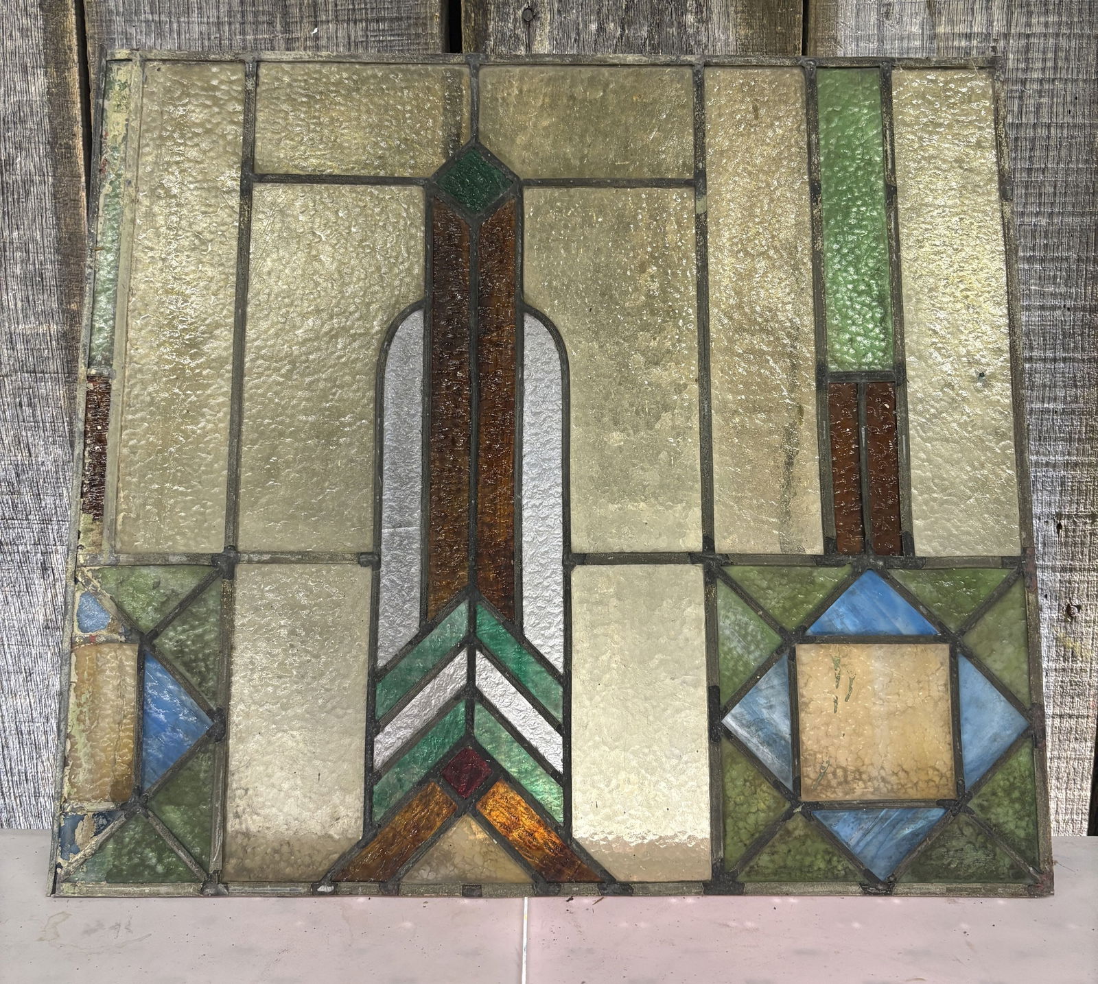 Antique American Arts & Crafts or Prairie School Style Leaded Stained Glass Window Panel, likely: Antique American Arts & Crafts or Prairie School Style Leaded Stained Glass Window Panel, likely dating to the early 20th century - 19"x17.5"