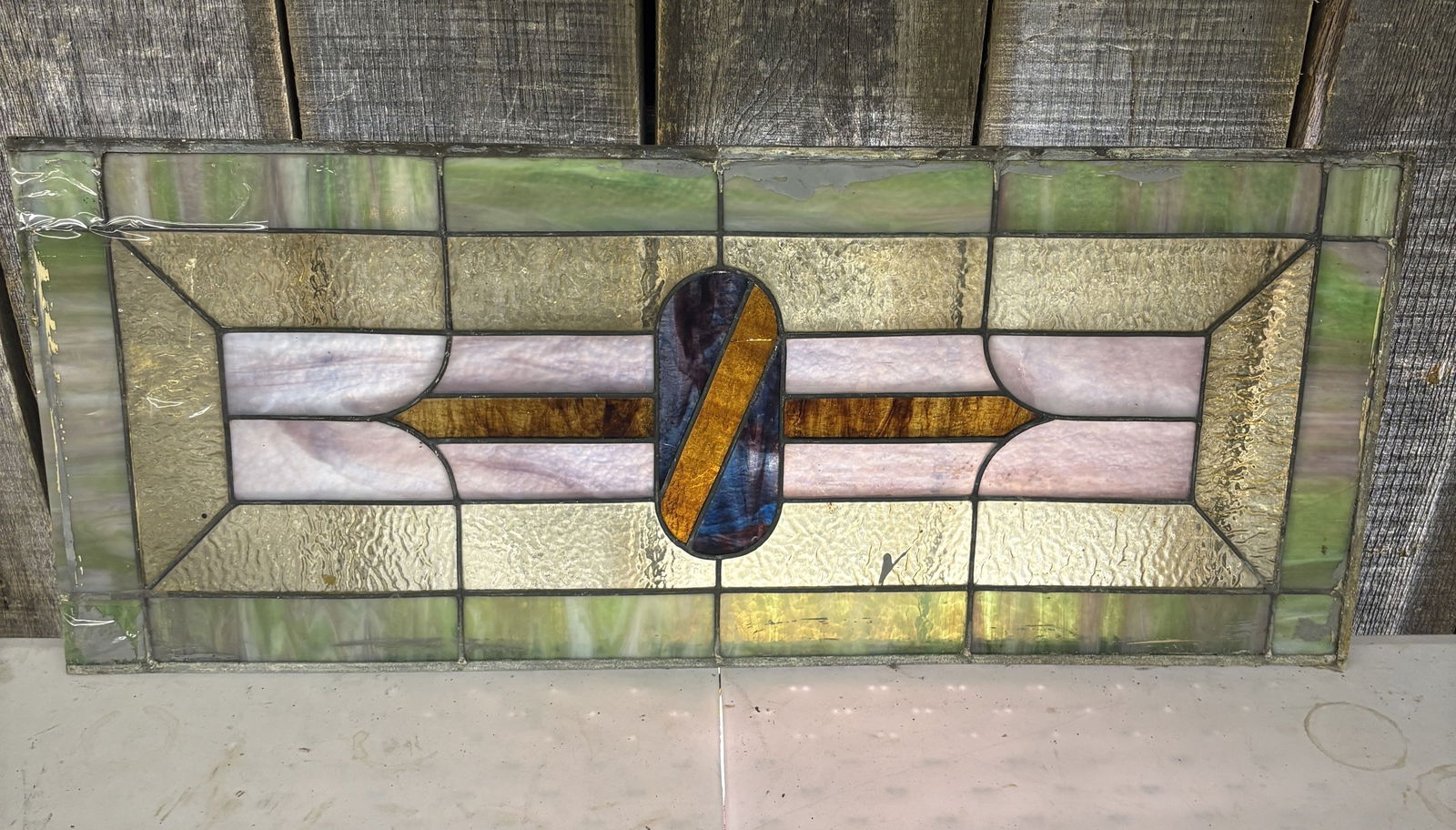 Antique Stained Glass Transom Window, likely from the Victorian or Arts & Crafts Era - 32"x13" (1 of 4)