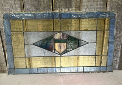 Antique Leaded and Stained Glass Window with a Wooden Frame - 32"x19"