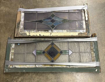 Two (2) Antique Leaded and Stained Glass Windows with a Wooden Frames, As Shown - 41.5"x16"