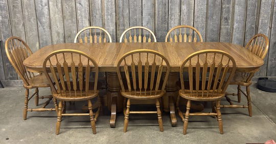 Solid Oak 8-Seat Dining Table With Chairs (2 Leaves Included As Pictured) 42"X103"X30"