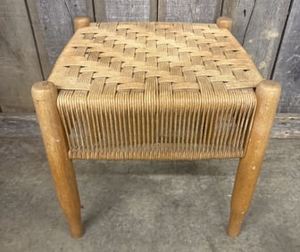 Mid-Century Wood Stool With Woven Seat 25"X18"