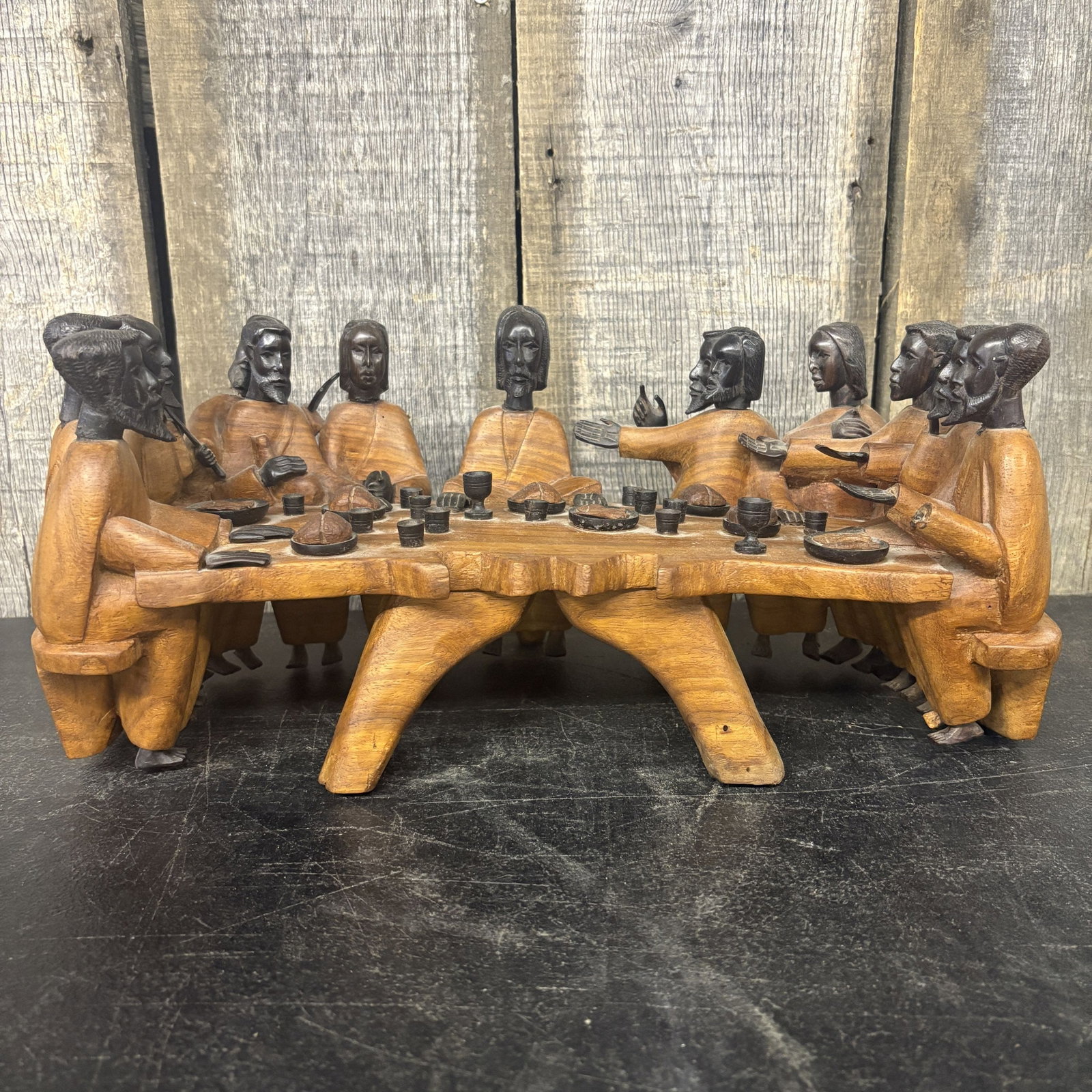 African Hand-Carved Wooden Sculpture Depiction Of "The Last Supper" 7"X15"X7": African Hand-Carved Wooden Sculpture Depiction Of "The Last Supper" 7"X15"X7"