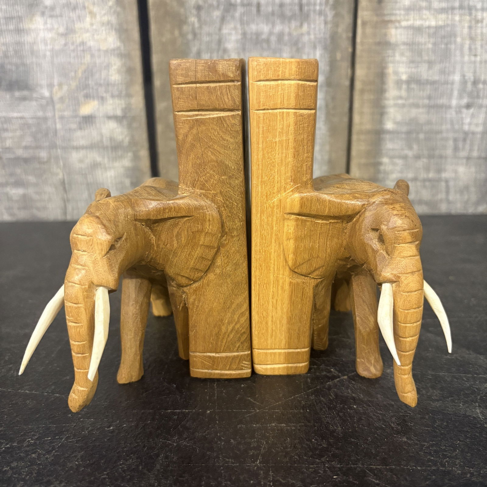 Vintage Hand Carved Wooden Elephant Bookends 5"X6": Vintage Hand Carved Wooden Elephant Bookends 5"X6"