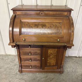 Antique Victorian Eastlake Style Walnut And Burl Wood Cylinder Secretary Desk 24"X30"X41"