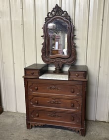 Antique Victorian Walnut Dresser With Marble Top And Ornate Swivel Mirror 19"X40"X82"