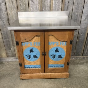 Repurposed Storage Cabinet With Stainless Steel Work Surface - With Local Tapp's Feed Store Bags