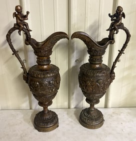 French Or Italian Renaissance Revival Figural Cast Bronze Ewers 10"X23"