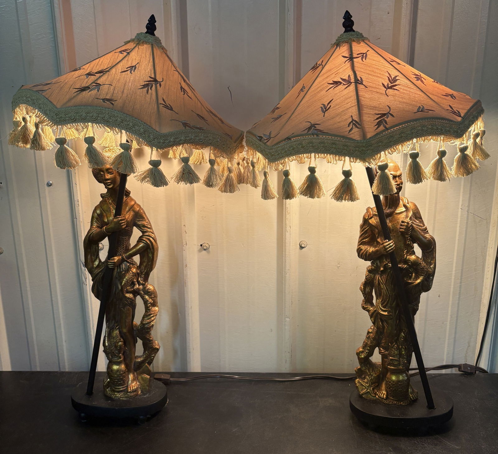 Vintage Set Of Gilt Asian Figures - Lamps With Fabric Tassel Shades 15"X30": Vintage Set Of Gilt Asian Figures - Lamps With Fabric Tassel Shades 15"X30"