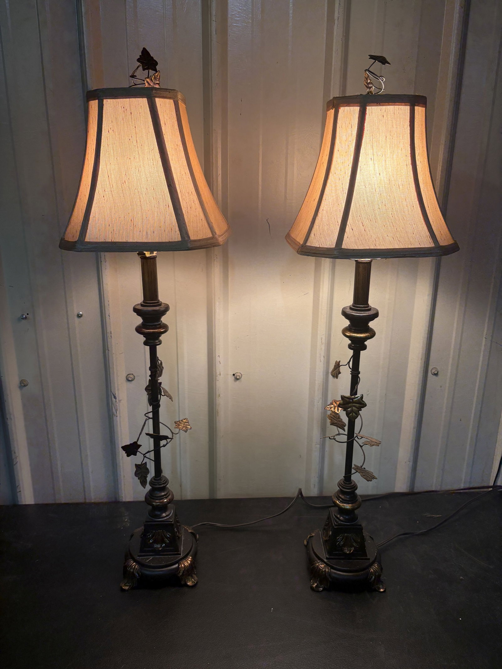 Bronze-Style Tall Table Or Buffet Lamps With Leaf Motifs 10"X35": Bronze-Style Tall Table Or Buffet Lamps With Leaf Motifs 10"X35"