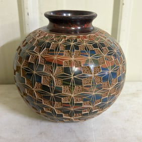 Hand-Carved Nicaraguan Art Pottery Vase 7"X9"