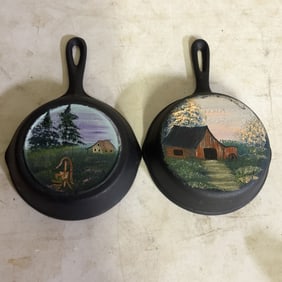 Pair Of Hand Painted Cast Iron Skillets 6"X10"