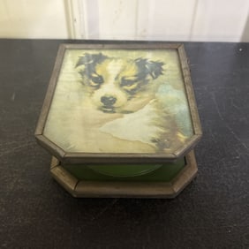 Early Metal Shaving Mirror "Papa Melton's" With Puppy Decoration 4"X5"