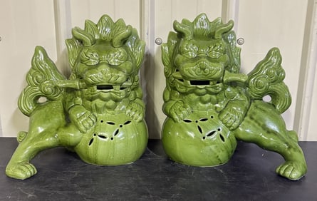 Vintage Chinoiserie Green Majolica Glazed Ceramic Chinese Foo Dog Statues 13"X15"