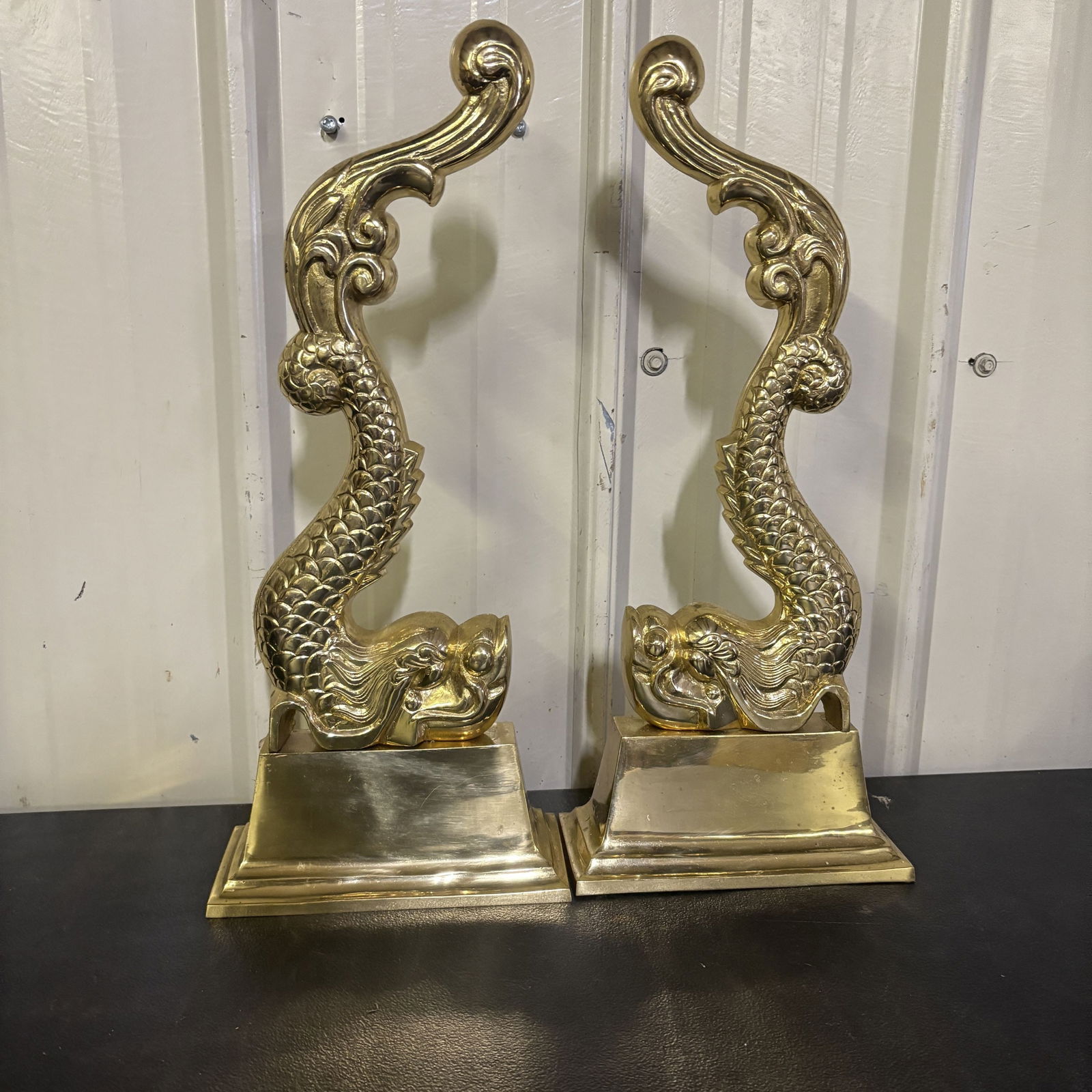 Virginia Metalcrafters Brass Classical Dolphin Andirons 9"X19": Virginia Metalcrafters Brass Classical Dolphin Andirons 9"X19"