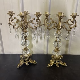 Vintage Hollywood Regency Style Brass And Crystal Candelabras 9"X19"