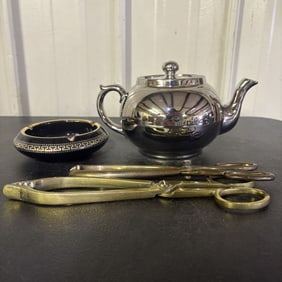 Silver Teapot, Greek Key Pattern Ashtray With Fireplace/Charcoal Tongs 10"