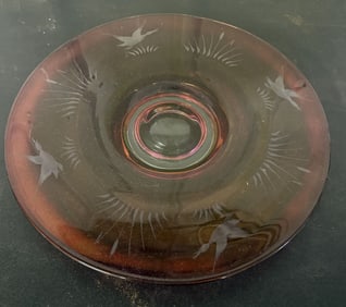 Cranberry Cut To Clear Glass Bowl With Duck - Cattail Design 14"