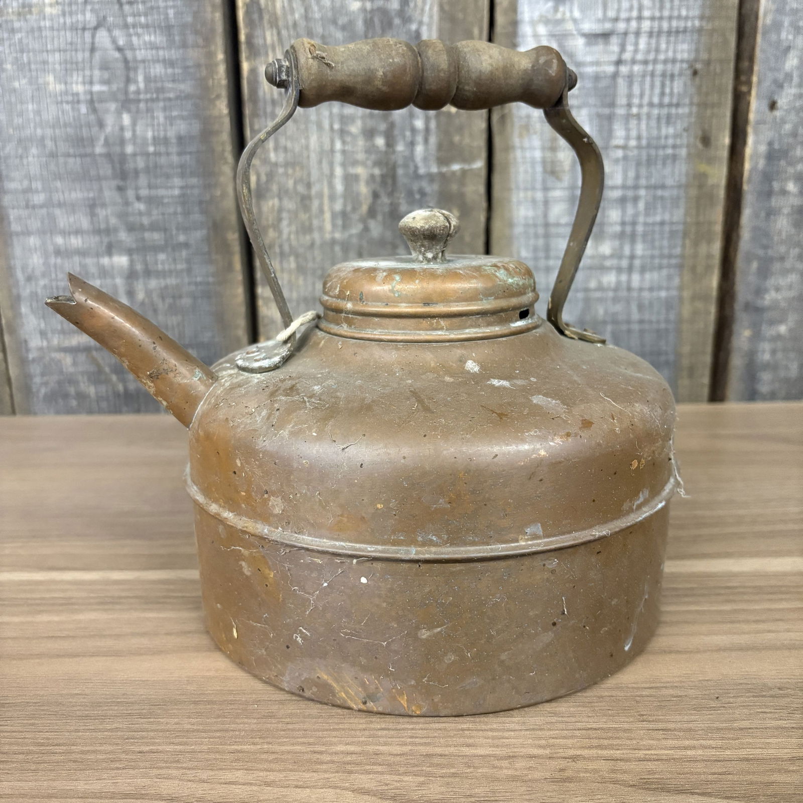 Vintage Copper Tea Kettle - Wooden Handle, Made In England. 9"X9"