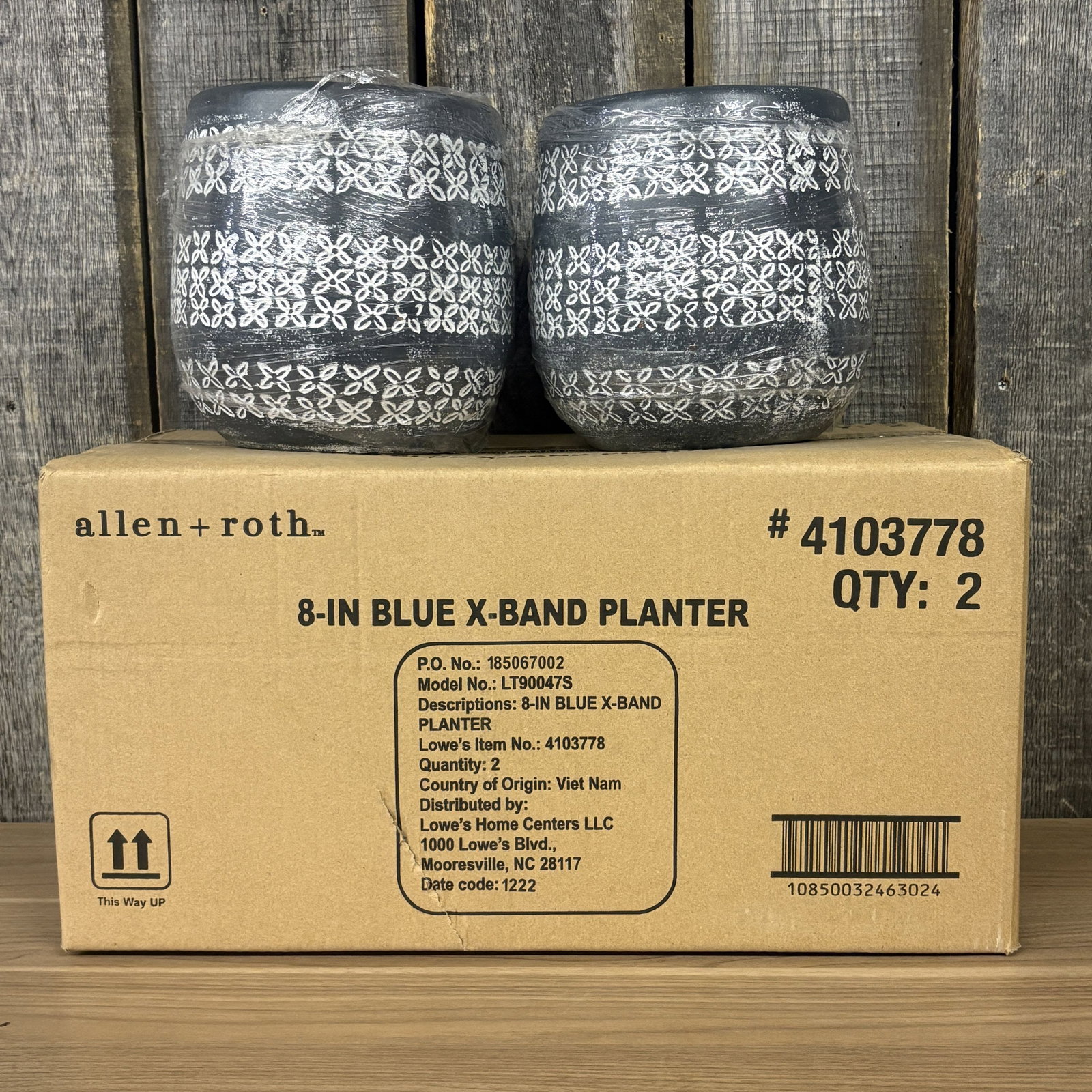 Pair Of New Allen-Roth 8" Blue X-Band Planters 8": Pair Of New Allen-Roth 8" Blue X-Band Planters 8"