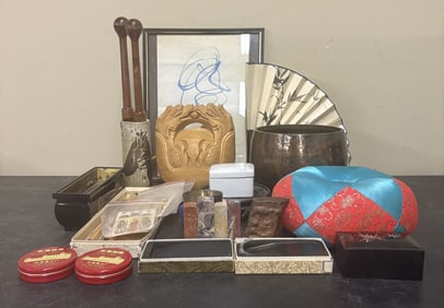 Collection of Assorted Asian Antiques and Collectibles, Including: Carved Wooden Figures, Framed