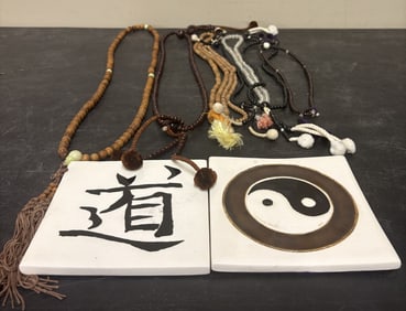 Taoist or Buddhist Prayer Beads and Two Decorative Tiles featuring Chinese Characters - 26"