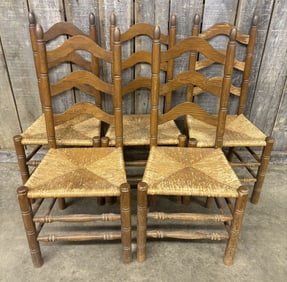 Set Of 5 Vintage Ladder-Back Dining Chairs With Woven Rush Seats 18"X41"