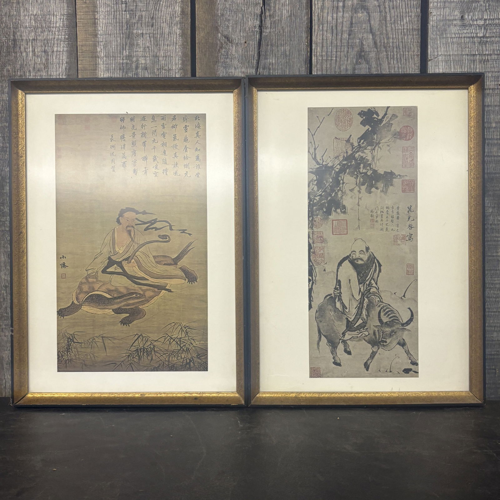 Two Framed Chinese Hanging Scrolls Featuring The Legendary Figure Laozi (Lao Tzu) 15"X22" (1 of 5)