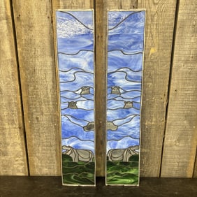 Pair Of Custom-Made Stained Glass Panels Depicting Hippos In Water 7.5"X36"