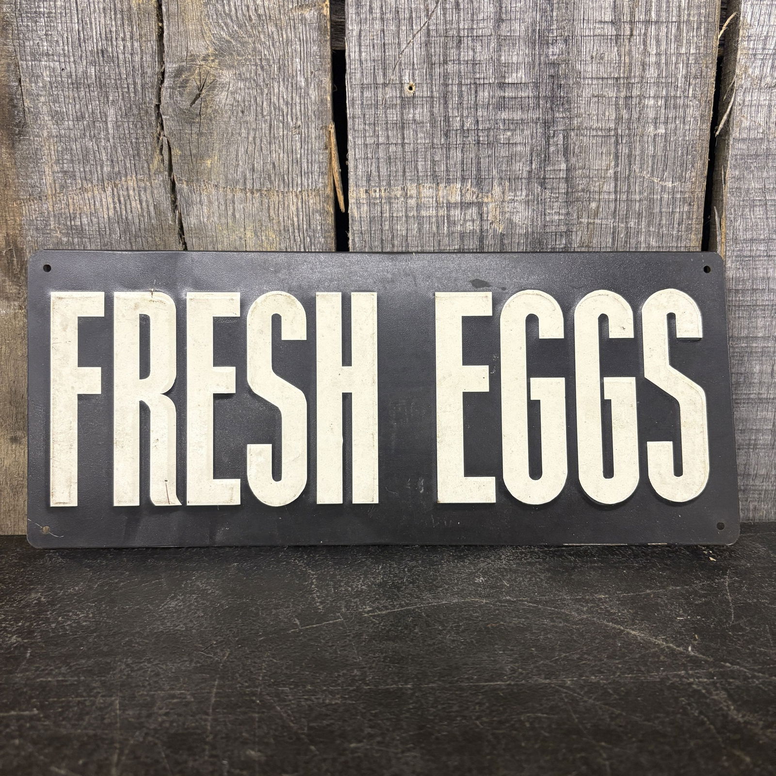 Embossed Metal "Fresh Eggs" Sign 14"X6": Embossed Metal "Fresh Eggs" Sign 14"X6"